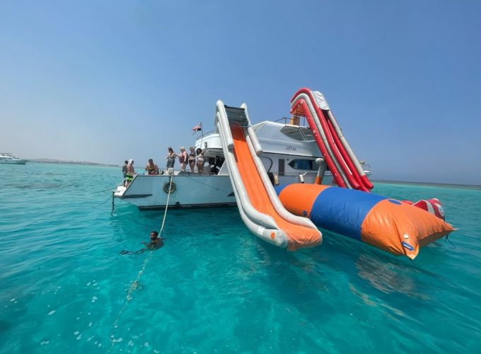 If you are looking for fun and adventure, extreme comfort, then this snorkel with waterslide boat trip is for you and our yachts have it all. These are the best all-inclusive tours in Hurghada. The best and most luxury boat tours in Hurghada. Enjoy this wonderful experience with your friends, family, and partner. An amazing experience of your stay in the Red Sea. Experience a fun day on the water with our amazing snorkel with the Waterslide boat trip. The most fun experience on the water for all ages, you will love our famous waterslides on and around the boat. The boat has lots of shade, pillows to relax after your fun time in the water. everything to make this day fantastic, unforgettable with your comfort in mind. Don’t forget, we love what we do and we’re here to share that experience with you! If you have a special event like a birthday, marriage ceremony, anniversary, Let us plan your perfect event so all you have to do is enjoy your day!